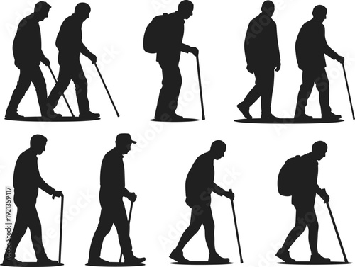 Walking with cane silhouettes, diverse mobility aid users, elderly disability support flat vector