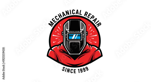 Professional Welder Wearing Protective Mask, Emblem Logo for Mechanical Repair Service, Isolated White Background