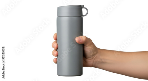 Hand holding a gray matte reusable water bottle or thermos tumbler. Isolated on transparent background, png