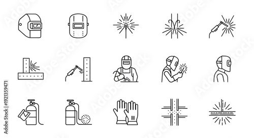 Outline icons representing welding tools, safety equipment, and various welding actions on an isolated white background.