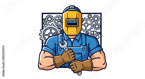 Professional welder mascot character wearing a protective helmet and holding a wrench, with gears in the background, on an isolated white background.