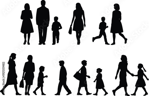 Walking people silhouettes flat vector, family lifestyle posture interaction community activity scene