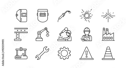 Diverse collection of industrial and engineering outline icons, featuring welding masks, robotic arms, gears, and safety signs on an isolated white background.