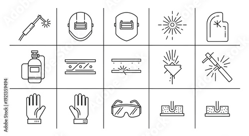 Outline icons representing various welding processes and equipment, including gas tanks, masks, and sparks on an isolated white background.