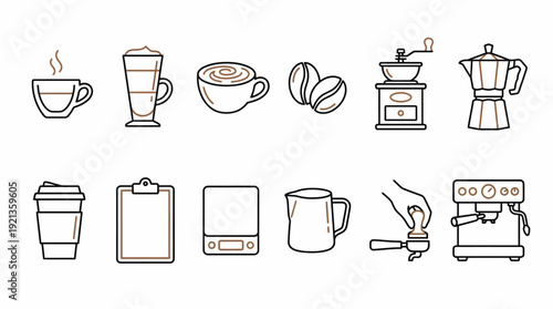 A set of coffee icon illustrations showcasing various coffee drinks and equipment in a modern design style