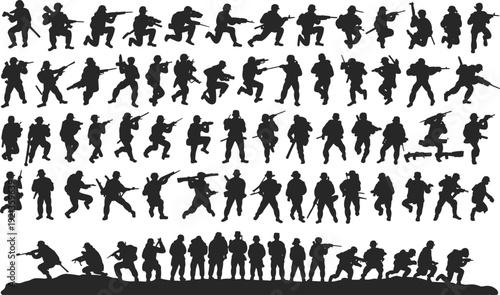 Soldier silhouettes aiming, running, crouching, guarding, rocket launcher, combat, flat vector