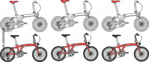 A minimalist line art illustration of two folding bicycles shown side by side.