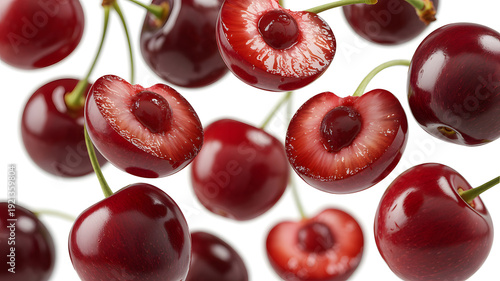 A vibrant display of fresh cherries on a white background