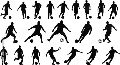 Soccer silhouettes players dribbling kicking running ball illustration design flat vectorSoccer silhouettes players dribbling kicking running ball illustration design flat vector