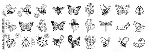 Minimalist Nature Icons, Insects and Spring Blooms Clipart