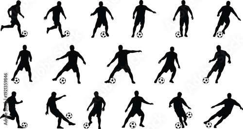 Soccer player silhouette kicking dribbling ball sports action flat vector