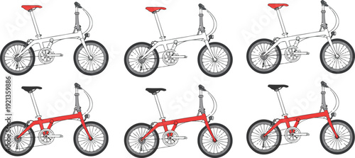 A minimalist line art illustration of two folding bicycles shown side by side.
