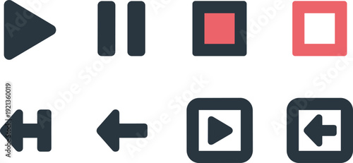 Set of eight media control icons including play, pause, stop, and navigation symbols for user interface and digital playback design themes
