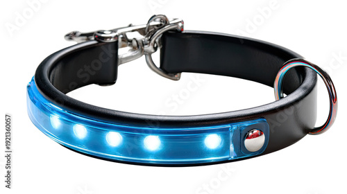 Illuminated Pet Safety Collar: A sleek, modern collar glows with bright LED lights, ensuring pet visibility and safety during nighttime walks.