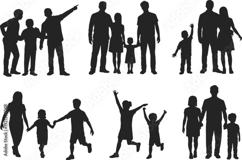Set of eight family silhouette icons showing adults and children in diverse poses for themes of togetherness, parenting, and lifestyle design