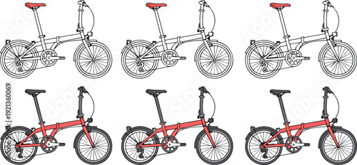 A minimalist line art illustration of two folding bicycles shown side by side.