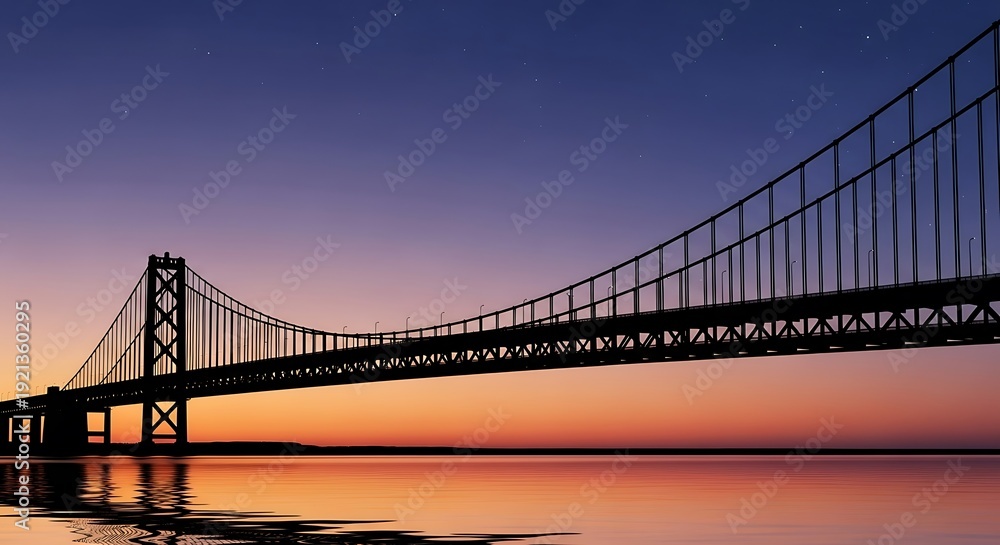 Obraz premium Suspension bridge over water at sunset.