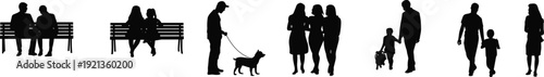 People silhouettes sitting, walking, pets, children, everyday social park life, flat vector