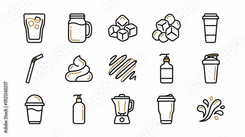 A set of coffee icon illustrations featuring various coffee cups, mugs, and related items in a modern design style