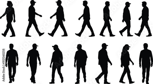 People silhouette walking standing posture motion clothing hats flat vector