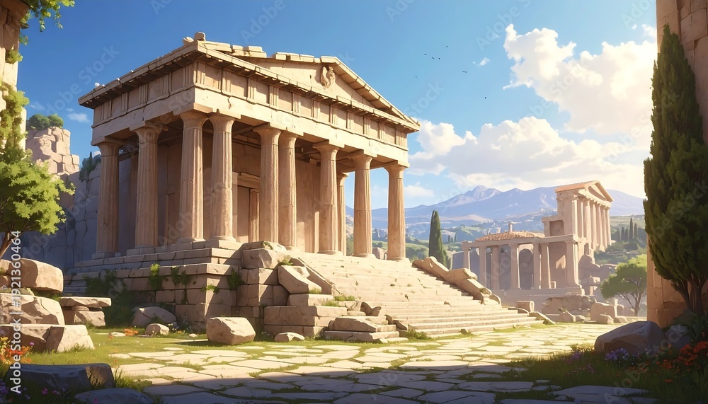 Obraz premium Ancient stone building with columns and mountains