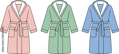 A digital illustration of three pastel-colored bathrobes arranged side by side against a white background