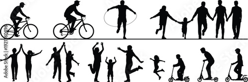 Outdoor activity silhouettes, cycling, running, jumping, family recreation, playful movement flat vector