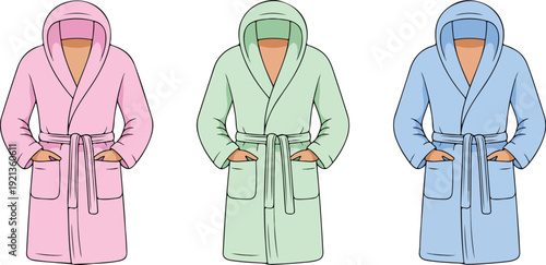 A digital illustration of three pastel-colored bathrobes arranged side by side against a white background