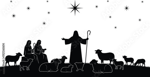 Nativity shepherd scene with sheep, holy star silhouette, Christmas flat vector