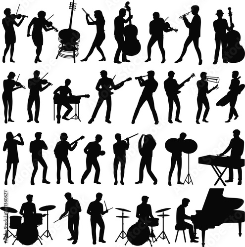 Musicians playing instruments silhouette orchestra band jazz flat vector