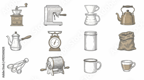 Vintage coffee icon set illustration featuring coffee maker, grinder, beans, and cups in a classic style