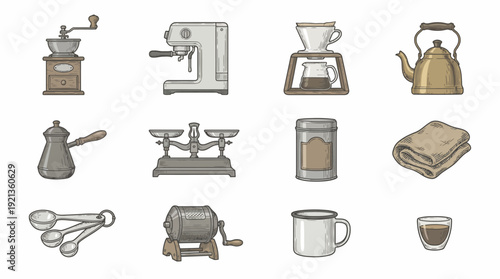 Vintage Coffee Icon Set Illustration Featuring Coffee Makers and Accessories