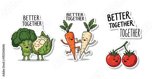Kawaii vegetable sticker set featuring cute broccoli, cauliflower, carrot, parsnip, and tomato characters with "Better Together" text; hand-drawn healthy-lifestyle and vegan-nutrition icons.