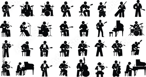 Musician silhouette instruments guitar violin drums piano cello flat vector