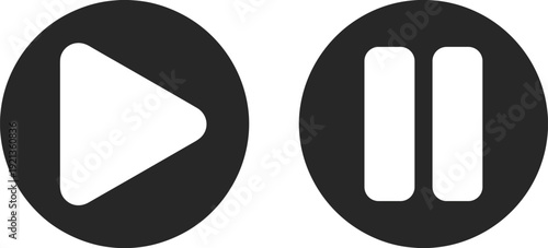 Minimalist black circular media icons featuring white play and pause symbols, ideal for user interface design, digital media controls, and multimedia applications.