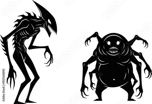 Stylized monstrous silhouette creatures, surreal horror fantasy illustration with spiky humanoid figure and grotesque multi‑armed alien, eerie nightmare concept art for design projects