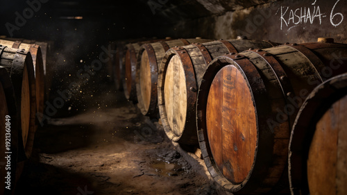 Wooden aging barrels lined up in rustic underground cellar