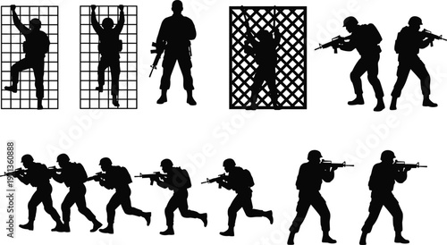 Military soldier silhouettes climbing, running, aiming rifles, combat training flat vector