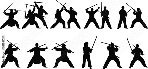 Martial arts silhouette sword training kendo kenjutsu combat flat vector