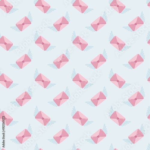 Seamless Valentine s pattern with pink winged envelopes sealed with hearts, arranged diagonally on pastel blue background