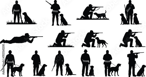Hunters silhouettes with dogs rifle shooting outdoor activity illustration design flat vector