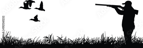 Hunter aiming shotgun silhouette, flying ducks, outdoor hunting scene, wildlife flat vector