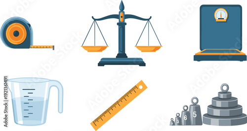 Measurement and weighing equipment icon set with scale ruler measuring cup weights and gauge vector illustration collection.