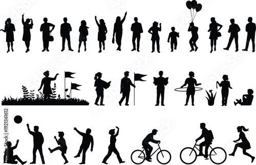 Human activity silhouettes flat vector, people lifestyle recreation community outdoor scene
