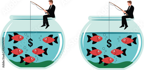 A minimalist illustration of a business concept with a large fishbowl containing four pink and black koi fish swimming in turquoise blue water
