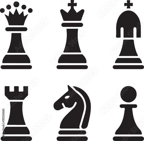 Set of chess vector icons. Black silhouette with chess. King, queen, pawn, horse and rook