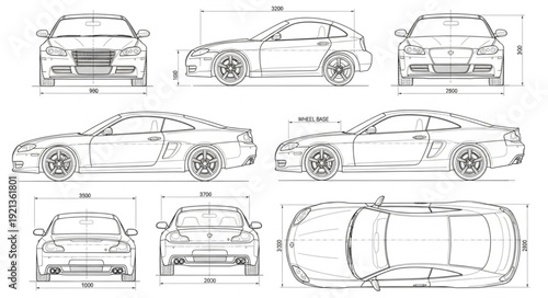 Car Technical Drawing Blueprint Diagrams.