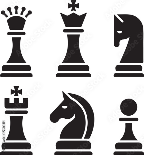 Set of chess vector icons. Black silhouette with chess. King, queen, pawn, horse and rook