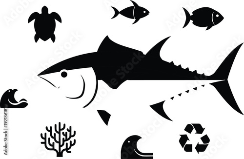 Tuna silhouette surrounded by marine life and environmental symbols. World tuna day