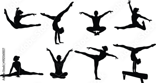 Gymnast silhouettes dance leaps handstands splits balance poses flat vector